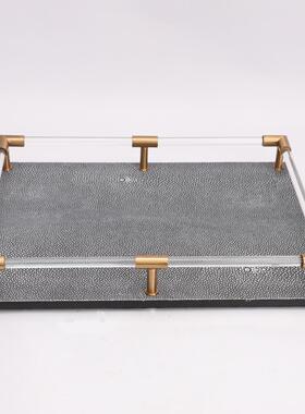 新中式亚克力托盘皮革收纳手提摆件茶几样板间书房客厅家居装饰品