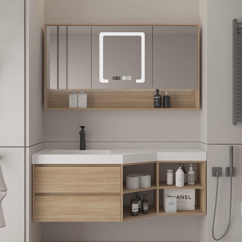 原木色岩板陶瓷盆浴室柜组合斜切角窄异形卫生间洗脸洗手池洗漱台 - 图1