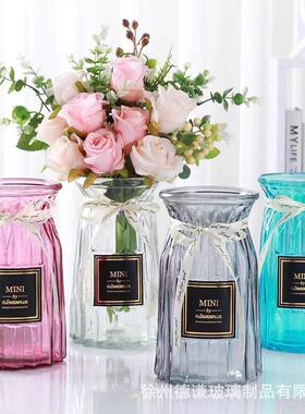 折纸玻璃花瓶欧式简约几何创意竖棱插花容器透明彩色客厅大号摆件