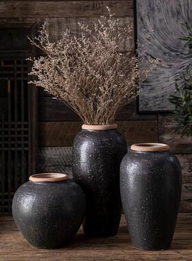 小清新干花陶瓷插花花瓶中式摆件复古现代简约手工黑色粗陶罐瓷器