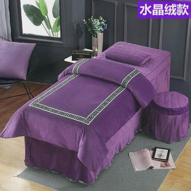 Special bed cover for beauty salons, four-piece quilt cover, crystal velvet winter style thickened bed single square head round head bed skirt plus velvet