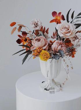 欧式田园风插花器民宿餐桌高脚花盆摆件干花花瓶复古色系摄影道具