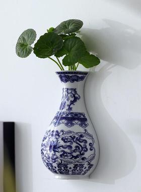 中式禅意壁瓶青花瓷花瓶陶瓷办公室摆件工艺品简约家居壁挂小花器