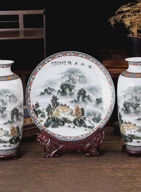 陶瓷装饰品花瓶摆件粉彩梁园飞雪三件套新中式花瓶盘子柜台摆设