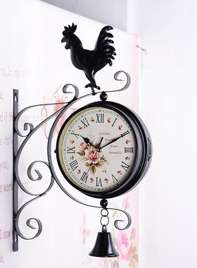 欧式双面创意挂钟家居客厅钟表复古田园钟挂饰工艺品静音铁艺