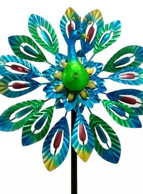 外贸欧美风能转动新款户外花园草坪插件彩绘孔雀花园金属铁艺风车