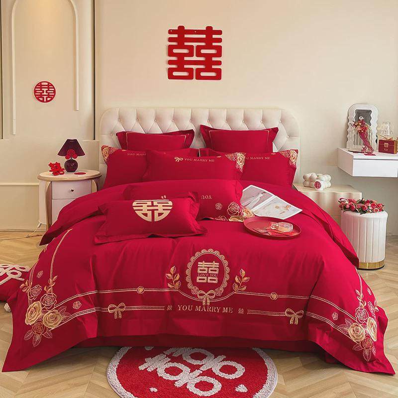高档龙凤刺绣结婚四件套大红色被套棉喜婚房婚庆床上用品被,淘宝优惠券,粉丝福利购,淘宝优惠卷