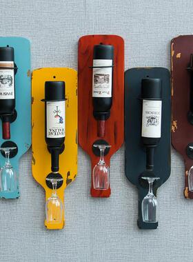 铁艺实木壁挂红酒架复古墙上红酒展示架高脚杯架葡萄酒瓶架子家用