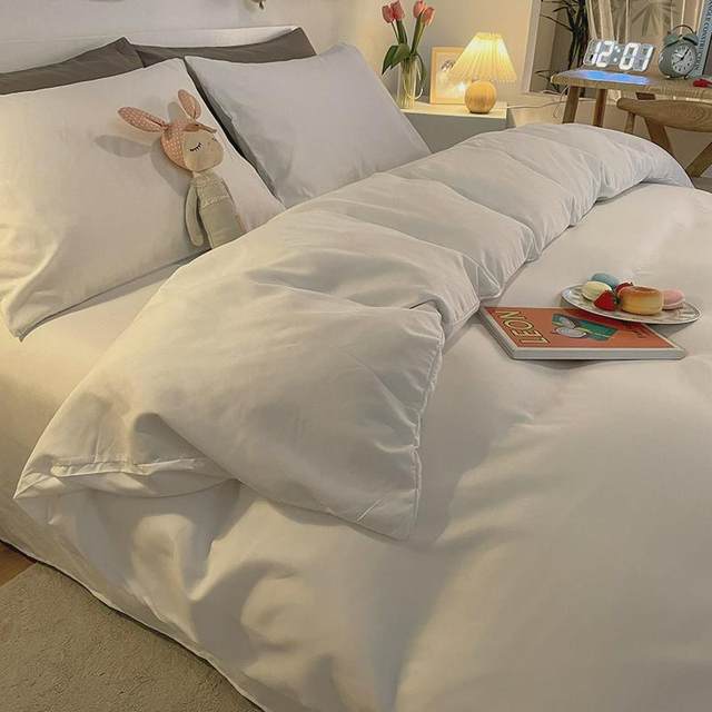 Solid color wash cotton four-piece set thickened and fur bedding sheets and quilt covers Student dormitory three-piece set single bed