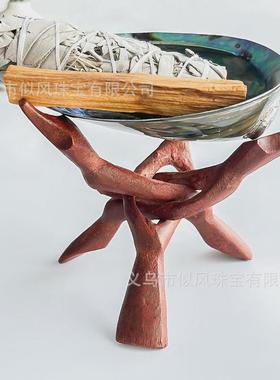 鼠尾草圣木棒燃烧工具红木支架原木支架三角架摆件底座手工工艺品