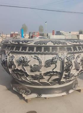石雕荷花鱼缸青石门海花岗岩水池造景石缸别墅庭院石槽老摆件