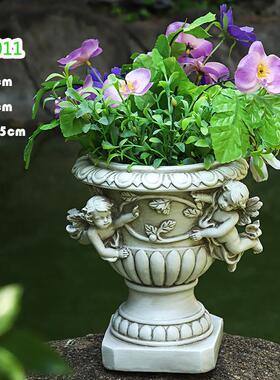 欧式户外花园天使花盆工艺品装饰树脂庭院花缸雕像创意摆件制做