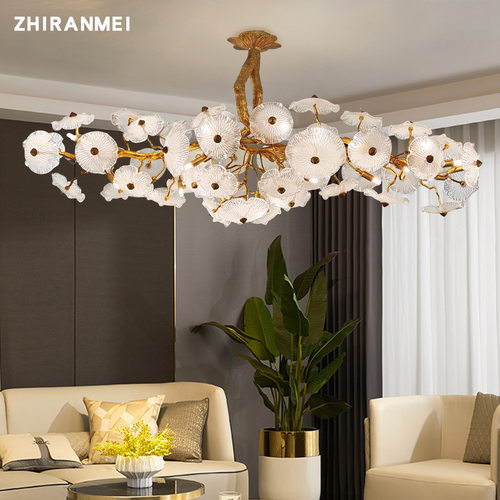 全铜现代轻奢客厅水晶灯荷叶别墅中国风创意大气高档吧台餐厅吊灯 - 图1