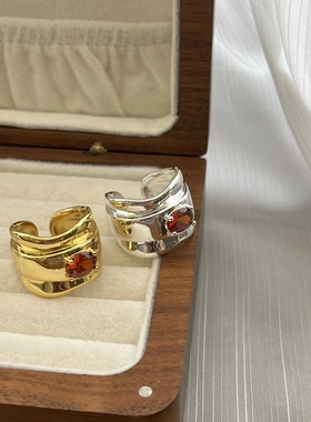 新款复古ins冷淡风红色宝石食指环欧美小众几何简约时尚百搭戒指