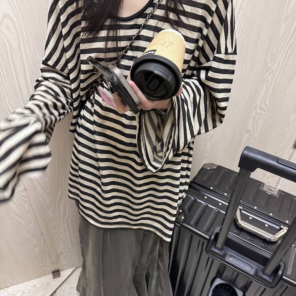 天丝麻~慵懒风条纹大领口喇叭袖薄款防晒t恤女宽松空调罩衫上衣