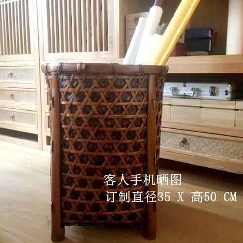 卷轴收纳筐字画桶防水防潮宣纸收纳桶书画筒桶圆形竹编收纳筐影视 - 图1