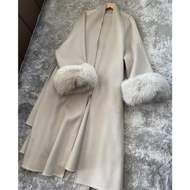 狐狸毛袖口双面羊毛呢子手工大衣女新款气质中长款高级感羊绒外套
