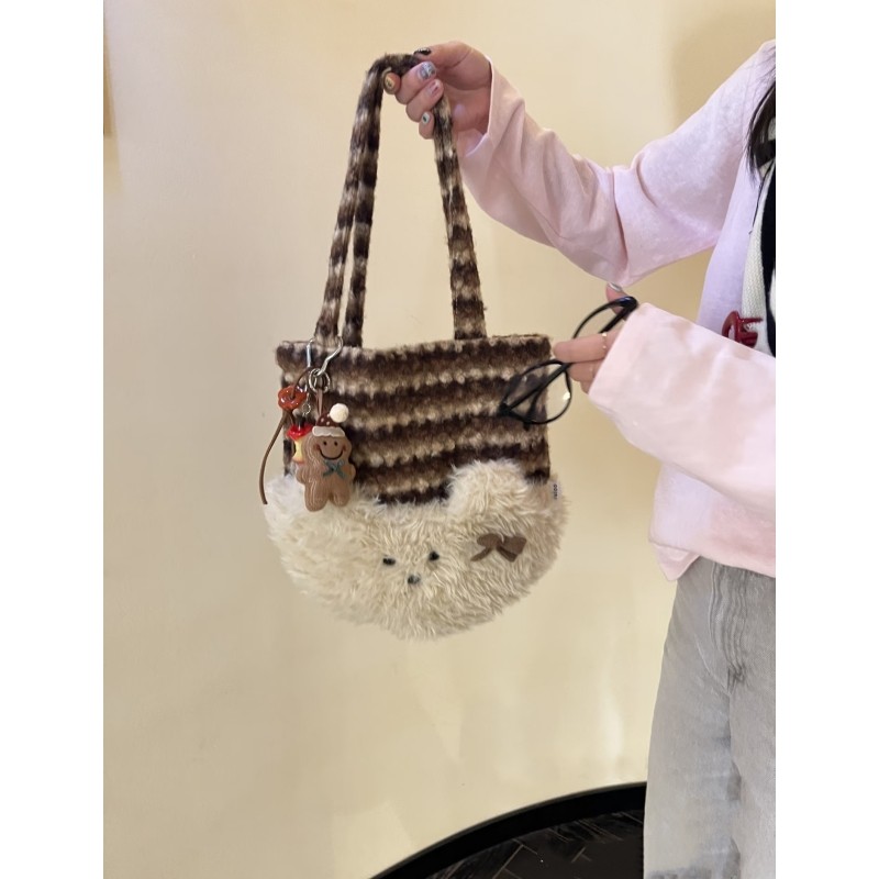 新款原创毛绒可爱小狗单肩包女学生韩版棕条纹手提包大容量通勤包,淘宝优惠券,粉丝福利购,淘宝优惠卷