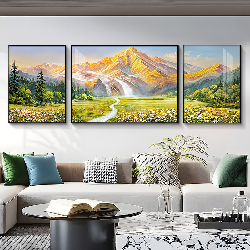 聚宝盆客厅装饰画轻奢高级感沙发背景墙挂画高档聚财山水三联壁画