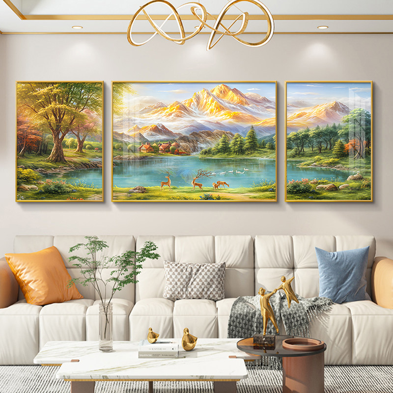 聚宝盆客厅装饰画轻奢高级感沙发背景墙挂画高档聚财山水三联壁画