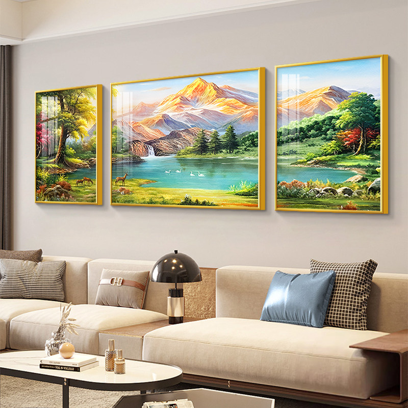 聚宝盆客厅装饰画轻奢高级感沙发背景墙挂画西墙聚财山水三联壁画