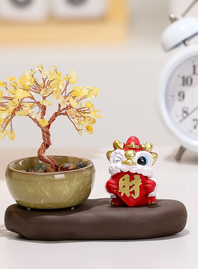 黄水晶发财树家居桌面摆件国潮醒狮舞龙紫水晶摇钱树入户玄关装饰