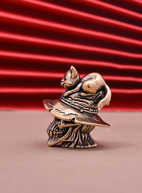 纯黄铜骷髅头猫咪个性创意小摆件魔法帽小猫朋克暗黑风工艺装饰品