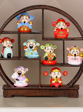 中式风博古架财神爷装饰品家居客厅玄关实木展示架小财神摆件礼品