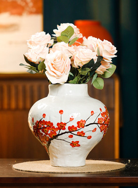 新中式白色陶瓷花瓶台面纯手工客厅民宿玄关插花装饰品手绘梅花