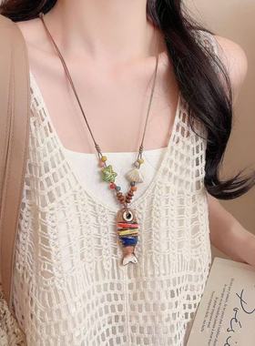 新中式可爱陶瓷小鱼吊坠项链