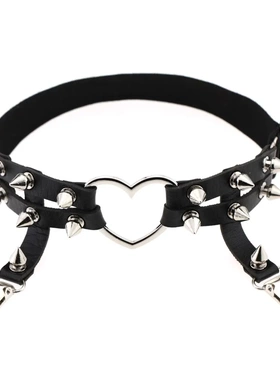 直销欧美原宿朋克爱心形皮质手工铆钉朋克街舞腿环脚环吊袜带