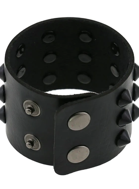 欧美朋克非主流夸张黑色锥形尖钉铆钉三排皮质宽手镯手环护腕手链