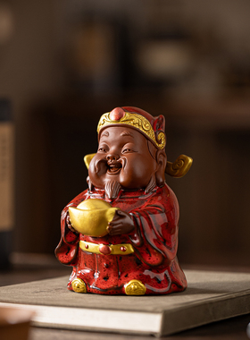 陶瓷文财神爷带灯圈摆件佛光背光招财神像居家商铺开业供奉装饰品