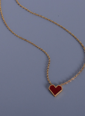 法式ins轻奢风红心气质锁骨链项链钛钢k金色 复古桃心形锁骨项链