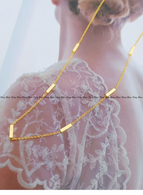 高级感超强保色 简约18K包金色长条方形小金块项链女节节高锁骨链