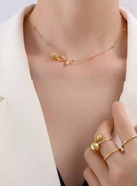 Choker颈链ins玫瑰花项链女小众轻奢简约气质镀K金色精致锁骨链