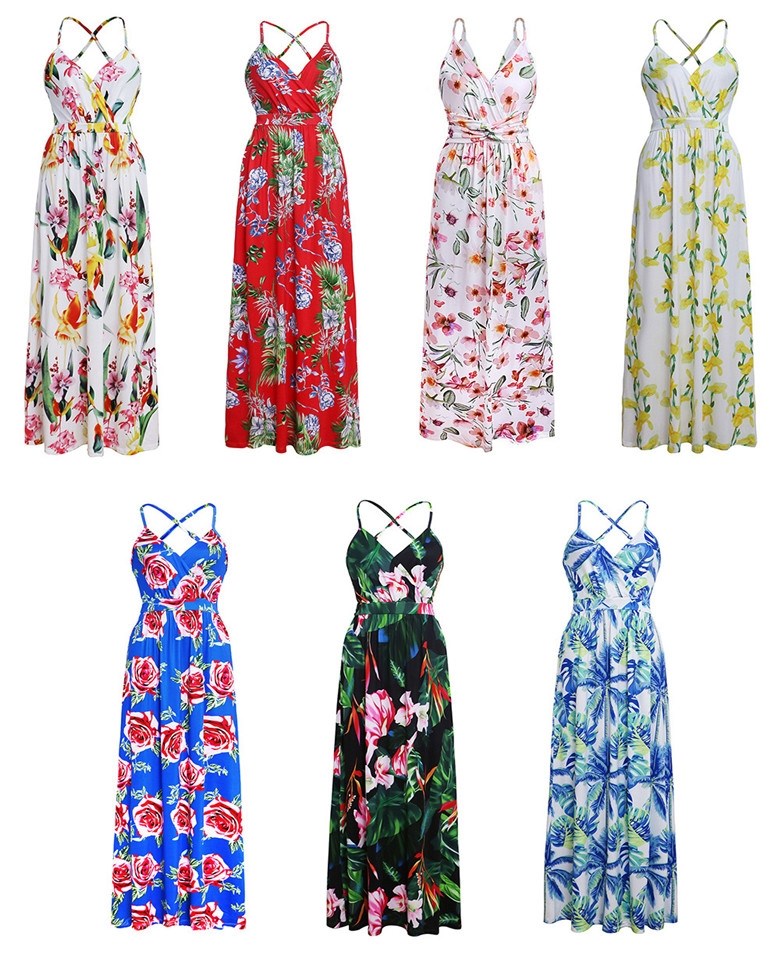 Printed V-Neck sling women long dresses 印花吊带露背女连衣裙 - 图3