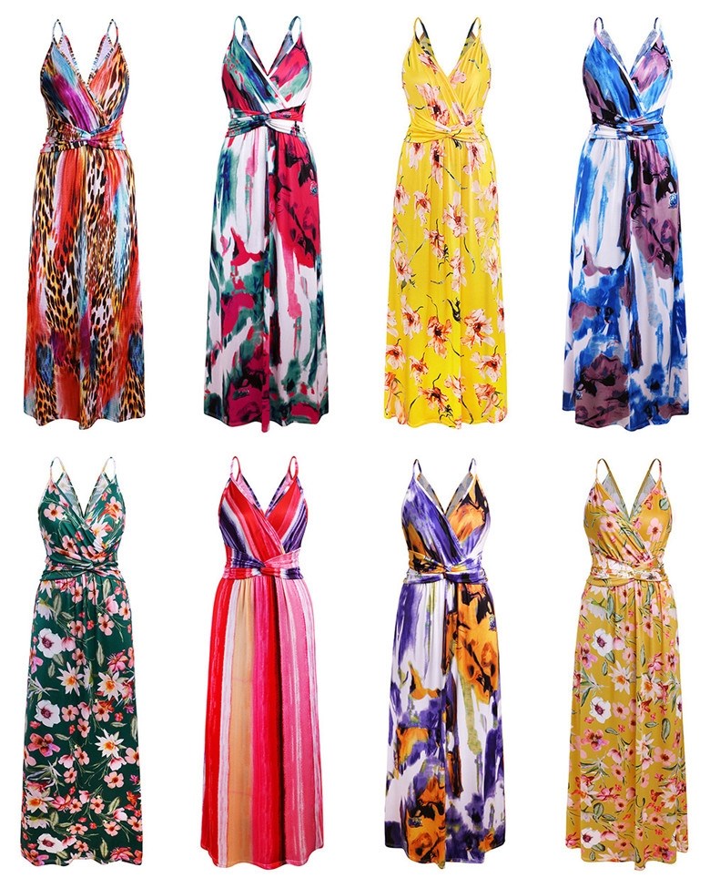 Printed V-Neck sling women long dresses 印花吊带露背女连衣裙 - 图2