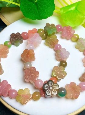 天然盐源玛瑙五瓣花手链女粉彩色渐变糖果色小花奶盖手串女友礼物