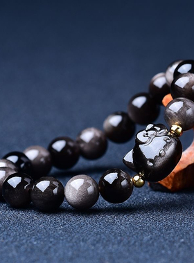 天然银曜石kitty猫手链猫咪手链猫头手串黑曜石手链女闺蜜礼物