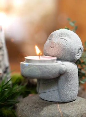 高档创意烛台摆件小和尚中式复古禅意装饰办公室桌面茶室茶桌摆件