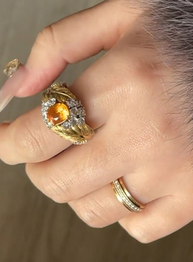 芬达石羽毛拉丝戒指女中古回流风感轻奢蛋形橙色钻时尚戒指