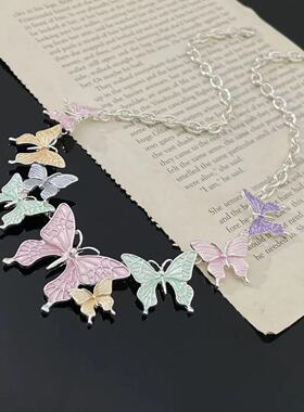 暗黑辣妹滴油撞色蝴蝶项链女复古亚文化配饰锁骨链毛衣链潮