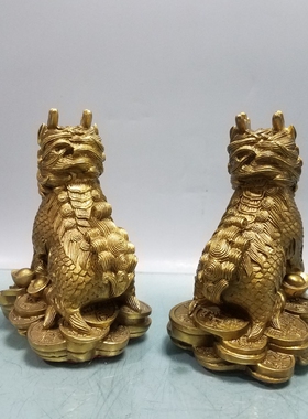 双角麒麟摆件铜坐麒麟一对招财