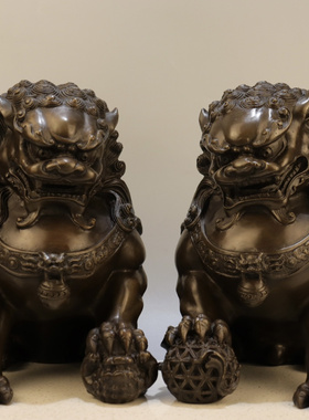 铜招财北京狮踩球狮子摆件大号