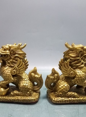 招财铜麒麟公母坐摆件一对家居