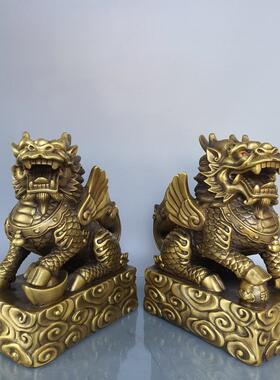 铜财富元宝麒麟一对门厅摆件招财