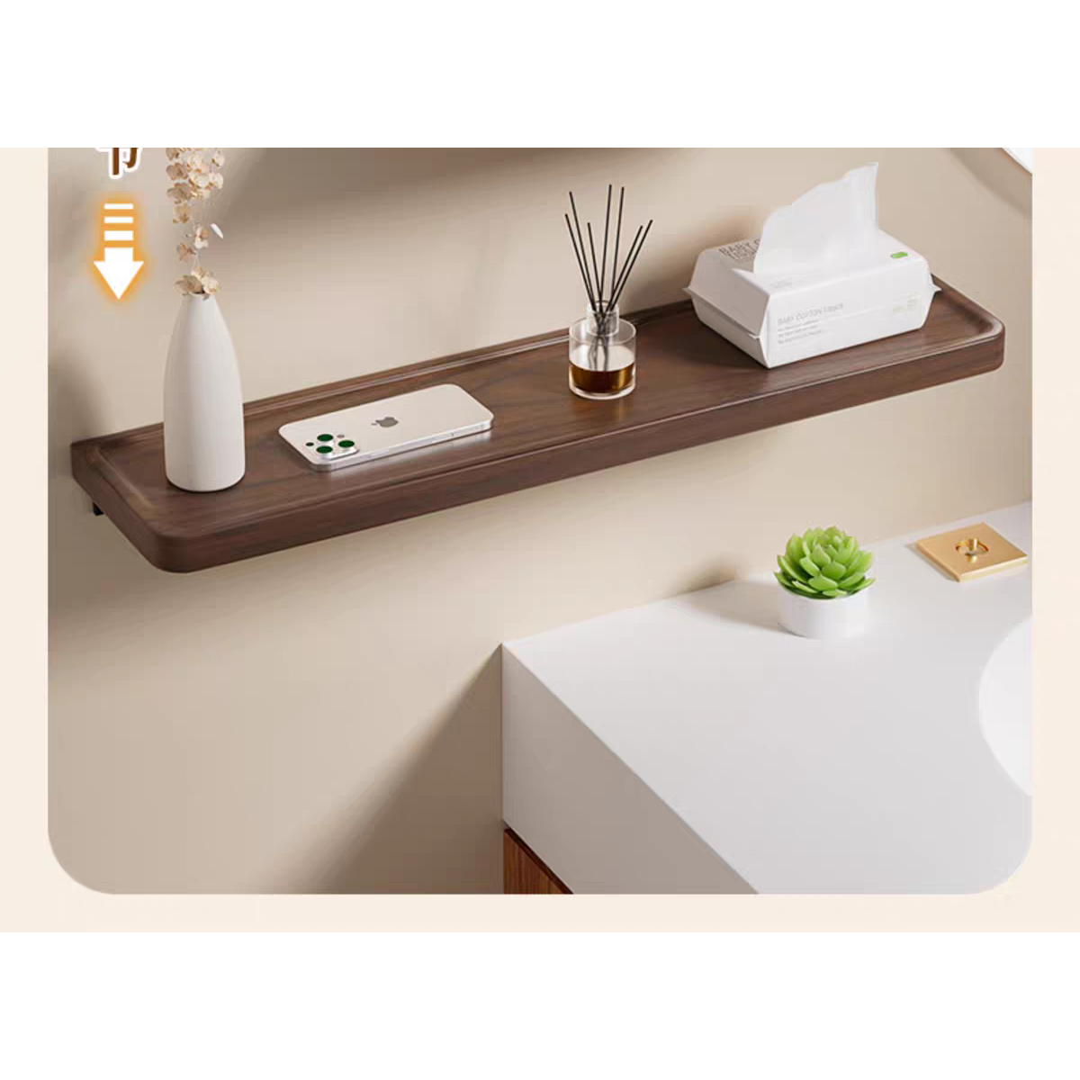 卫生间胡桃木浴室置物架实木一字板免打孔厕所墙上收纳洗手间隔板,淘宝优惠券,粉丝福利购,淘宝优惠卷