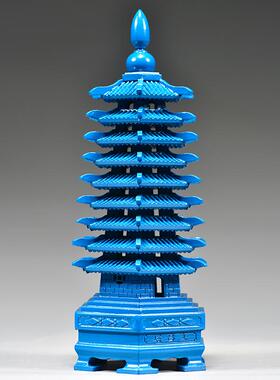 蓝色桃木雕刻九层文昌塔摆件木质十三层七层文昌塔客厅书桌工艺品