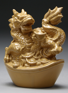 土黄陶瓷飞龙生肖吉祥物摆件